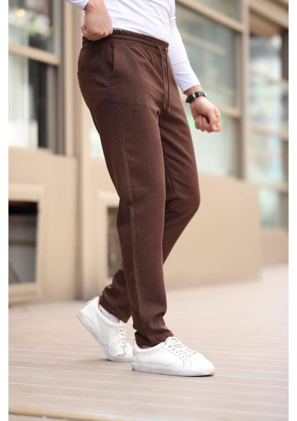 Düğmesiz Düz Kumaş Kahverengi Jogger Pantolon