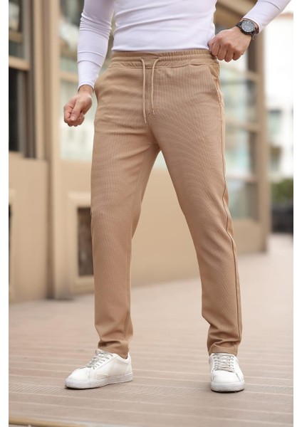 Düğmesiz Kareli Kumaş Vizon Mavisi Jogger Pantolon