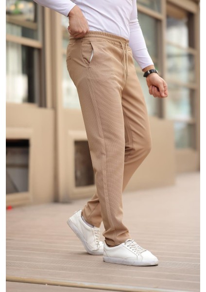Düğmesiz Kareli Kumaş Vizon Mavisi Jogger Pantolon