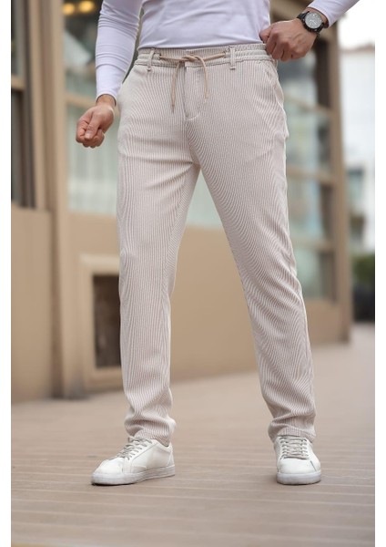 Ince Çizgili Kumaş Bej Jogger Pantolon