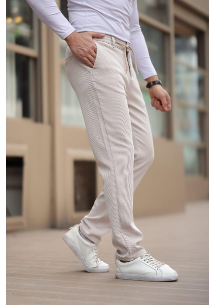 Ince Çizgili Kumaş Bej Jogger Pantolon