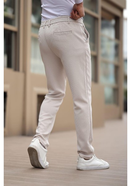 Ince Çizgili Kumaş Bej Jogger Pantolon