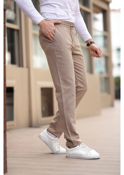 Düğmesiz Düz Kumaş Vizon Jogger Pantolon