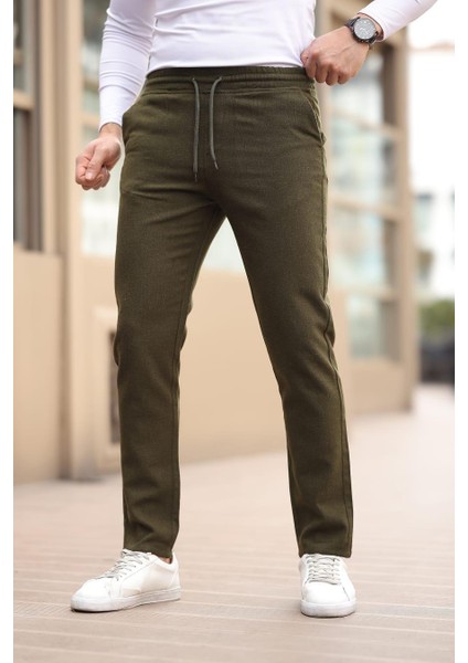 Düğmesiz Düz Kumaş Haki Jogger Pantolon