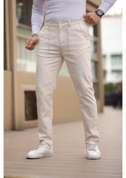 Keten Kumaş Erkek Krem Jogger Pantolon