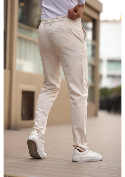Keten Kumaş Erkek Krem Jogger Pantolon