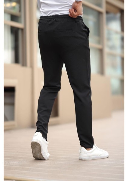 Düğmesiz Kareli Kumaş Siyah Mavisi Jogger Pantolon