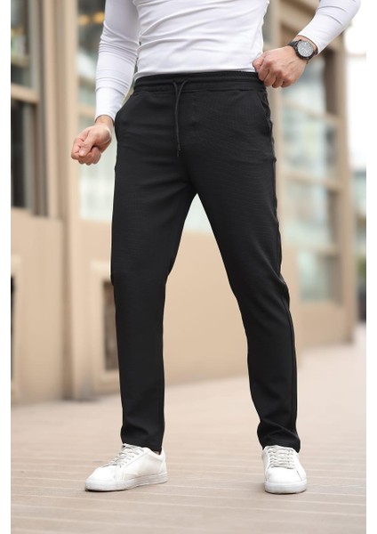Düğmesiz Kareli Kumaş Siyah Mavisi Jogger Pantolon