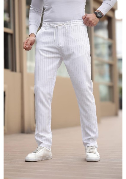 Çizgili Kumaş Beyaz Jogger Pantolon