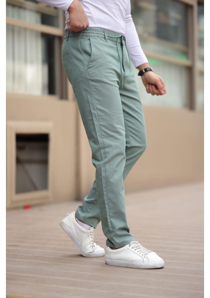 Düğmeli Düz Kumaş Haki Jogger Pantolon