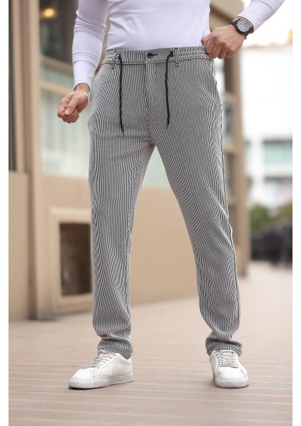 Ince Çizgili Kumaş Gri Jogger Pantolon