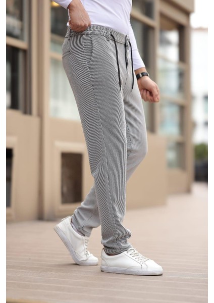 Ince Çizgili Kumaş Gri Jogger Pantolon