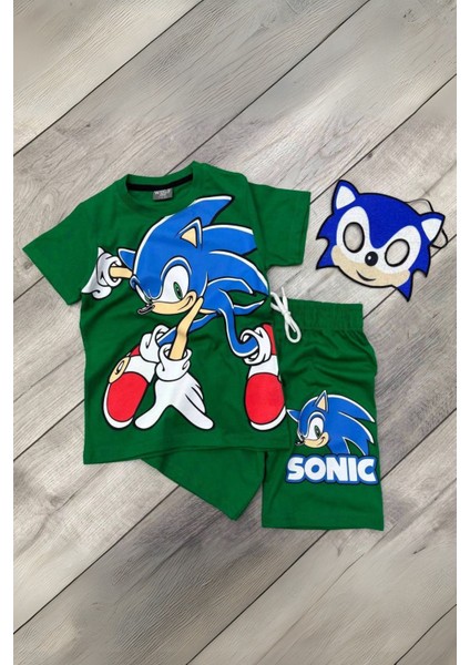 Baskılı Tişört Şort ve Sonic Maskeli Yeşil Renk Çocuk Takım