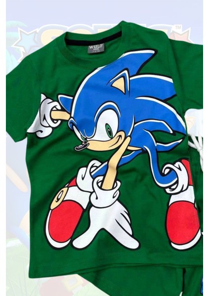 Baskılı Tişört Şort ve Sonic Maskeli Yeşil Renk Çocuk Takım fiyatları