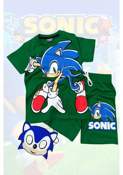 Baskılı Tişört Şort ve Sonic Maskeli Yeşil Renk Çocuk Takım modelleri
