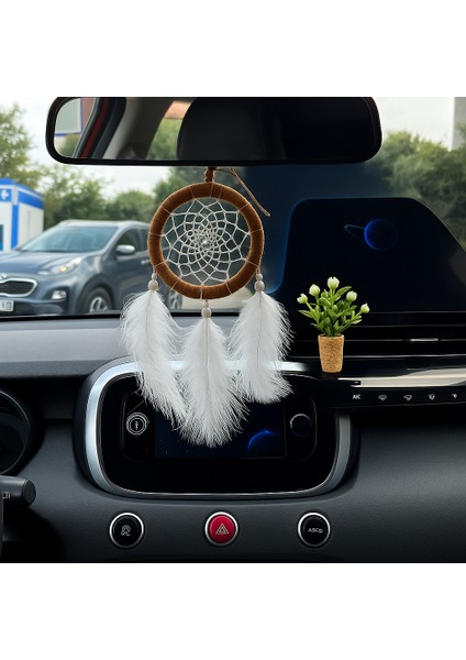 Oto Dikiz Aynası Süsü ve Koku Seti | Hasır Jüt Düş Kapanı+Mini Dekoratif Saksı Araba Koku Difüzörü
