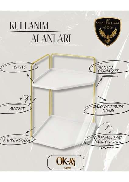 Dekoratif 2 Katlı Raf | Çok Amaçlı Organizer Paslanmaz Çelik & Ahşap Stand