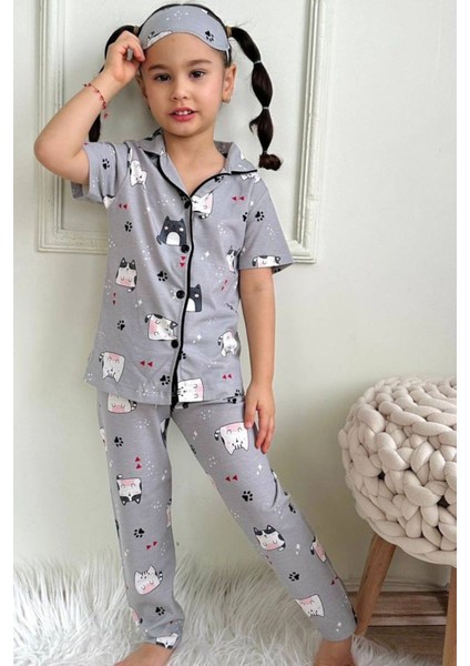 Kedi Desenli Kız Çocuk Gömlek Yaka Düğmeli Kısa Kollu Yazlık Pijama Takımı