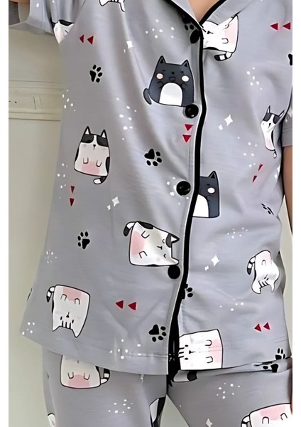Kedi Desenli Kız Çocuk Gömlek Yaka Düğmeli Kısa Kollu Yazlık Pijama Takımı