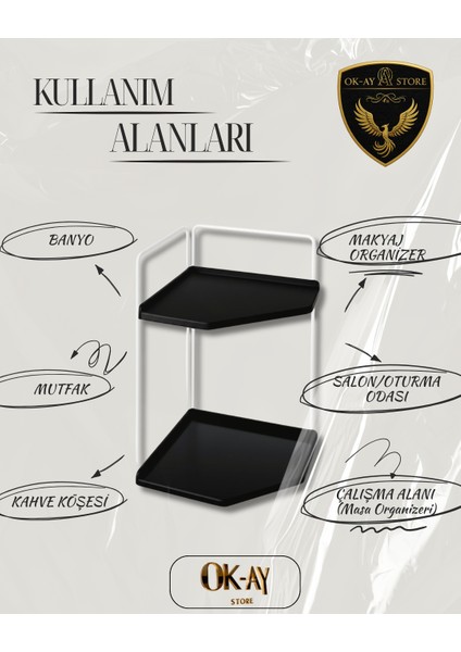 Dekoratif 2 Katlı Raf | Çok Amaçlı Organizer Paslanmaz Çelik & Ahşap Stand