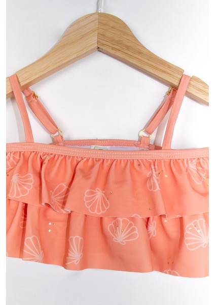 Deniz Kabuğu Desenli Fırfırlı Askılı Üst ve Alt Yumuşak Esnek Kumaşlı Kız Çocuk Mayo modelleri