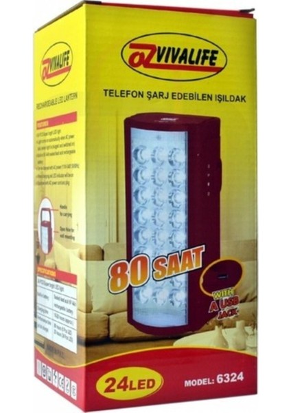 Usb Şarj Çıkışlı 24 Led 80 Saat Akülü Şarjlı Işıldak (5064)