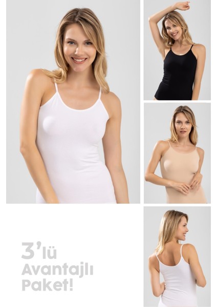 Kadın Pamuklu Ince Ip Askılı Derin Oval Yaka Düz Penye Atlet 3'lü Paket 6654 Renkli