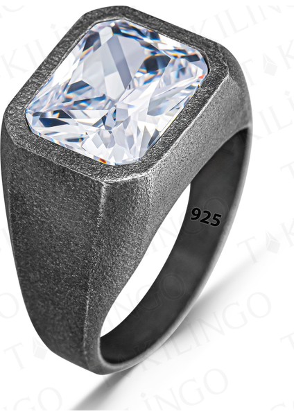 925 Ayar Gümüş Oksitli Beyaz Zirkon Taşlı Sade Erkek Yüzük fiyatları