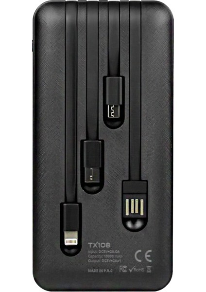 Powerway TX108 10000 Mah Siyah Göstergeli Ekstra Kablolu 4 Çıkışlı Powerbank (5024)