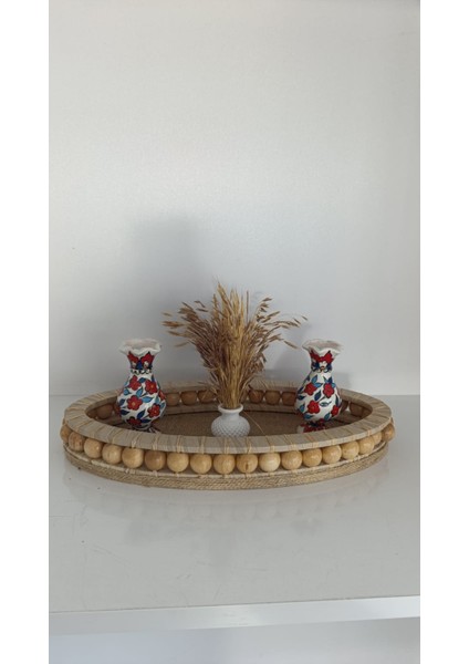 Boncuklu Oval Ahşap Dekoratif Tepsi El Yapımı (35 x 17 cm ) indirimleri