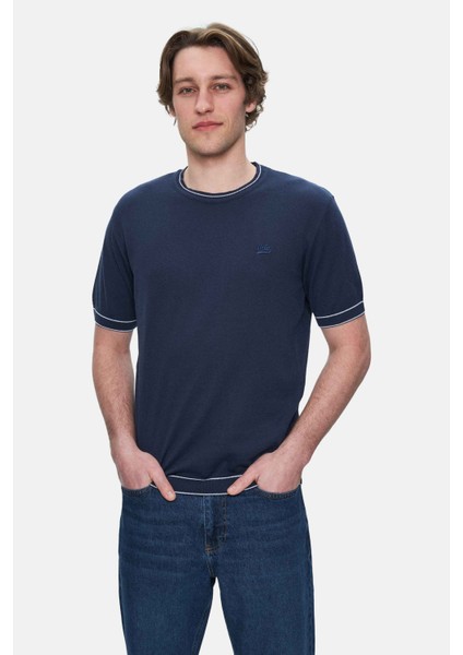 Fared Lacivert Bisiklet Yaka Triko Nakışlı Standard Fit Erkek Tshirt