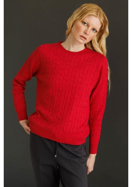 Kadın Sıfır Yaka Saç Örgülü Kazak Kırmızı modelleri