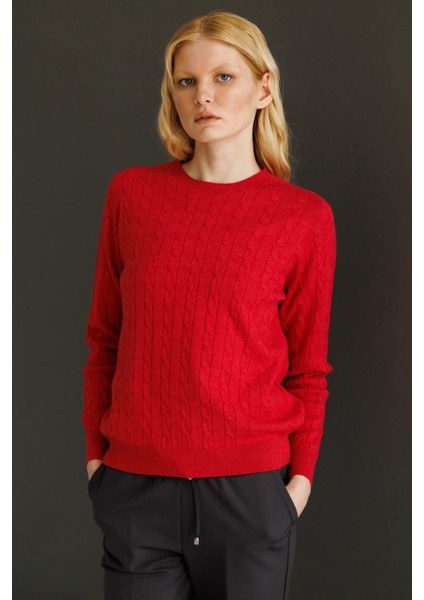 Kadın Sıfır Yaka Saç Örgülü Kazak Kırmızı