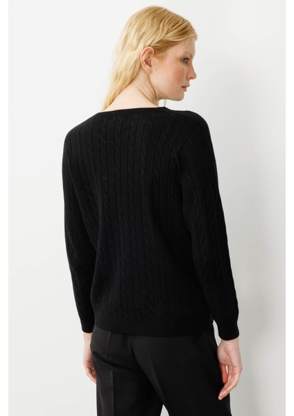 Kadın V Yaka Komple Saç Örgülü Kazak Siyah modelleri