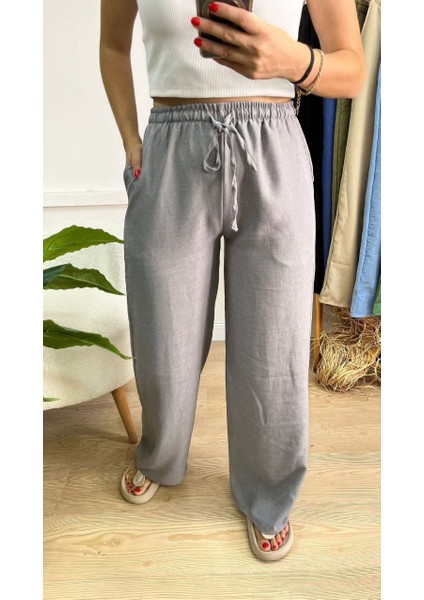 Bağcıklı Bol Paça Keten Pantalon