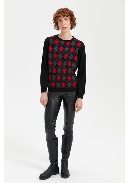 Kadın Sıfır Yaka Önü Baklava Desenli Yün Kazak Siyah fiyatları