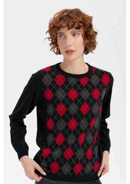 Kadın Sıfır Yaka Önü Baklava Desenli Yün Kazak Siyah modelleri