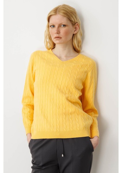 Kadın V Yaka Komple Saç Örgülü Kazak Sarı indirimleri