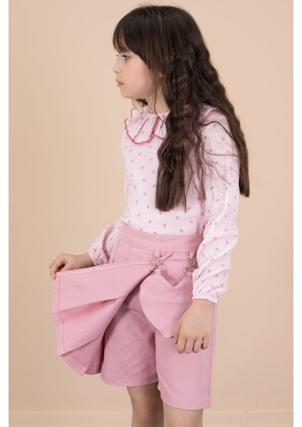 Pembe Kalp Desenli Müslin Gömlekli Kız Çocuk Şort Etekli 2li Takım 20675 modelleri