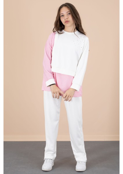 Pembe Çizgi Desenli Taş Detaylı Bluzlu Kız Çocuk Kuşaklı Pantolonlu 2li Takım 20656