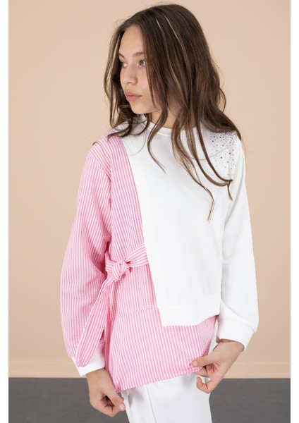 Pembe Çizgi Desenli Taş Detaylı Bluzlu Kız Çocuk Kuşaklı Pantolonlu 2li Takım 20656 fiyatları