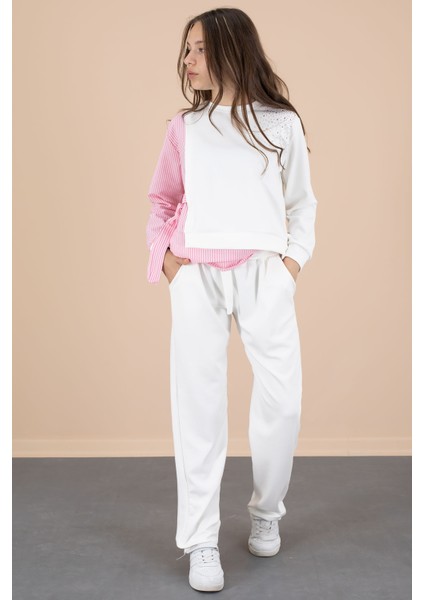 Pembe Çizgi Desenli Taş Detaylı Bluzlu Kız Çocuk Kuşaklı Pantolonlu 2li Takım 20656 modelleri