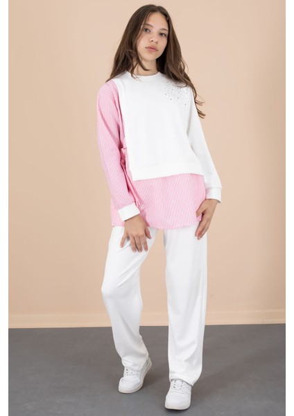 Pembe Çizgi Desenli Taş Detaylı Bluzlu Kız Çocuk Kuşaklı Pantolonlu 2li Takım 20656 indirimleri