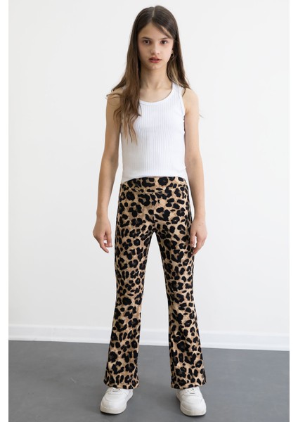 Kahve Leopar Desenli Ispanyol Paça Kız Çocuk Fitilli Tayt 20772