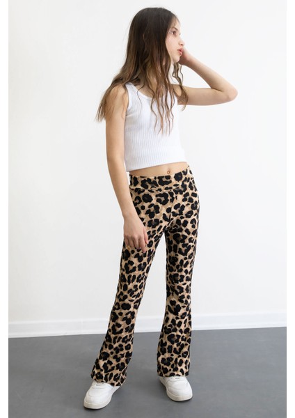 Kahve Leopar Desenli Ispanyol Paça Kız Çocuk Fitilli Tayt 20772 modelleri