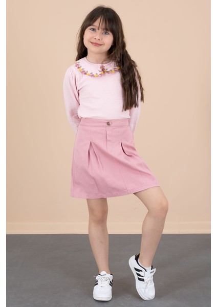 Pembe Yakası Çiçek Nakışlı Müslin Gömlekli Etekli Kız Çocuk 2li Takım 20673