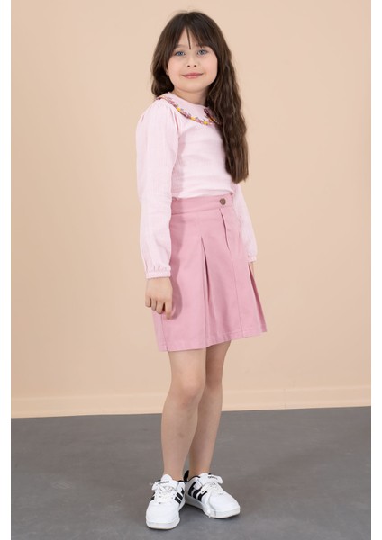 Pembe Yakası Çiçek Nakışlı Müslin Gömlekli Etekli Kız Çocuk 2li Takım 20673 modelleri