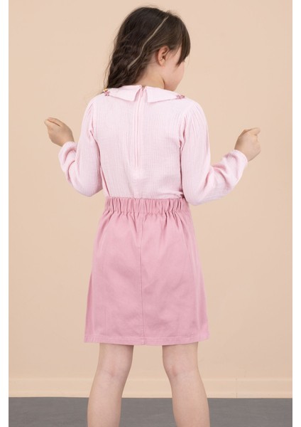 Pembe Yakası Çiçek Nakışlı Müslin Gömlekli Etekli Kız Çocuk 2li Takım 20673 indirimleri