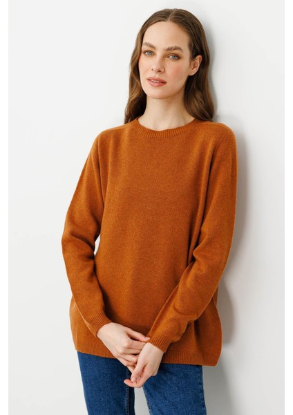 Kadın Sıfır Yaka Klasik Yün Kazak Tarçın