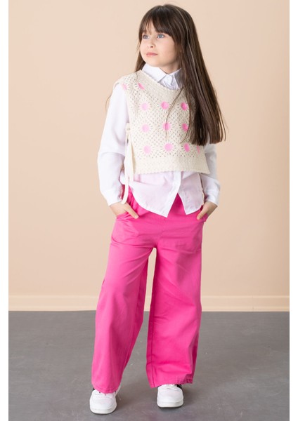Fuşya Puantiyeli Süveterli Pantolonlu Kız Çocuk Gömlekli 3lü Takım 20685